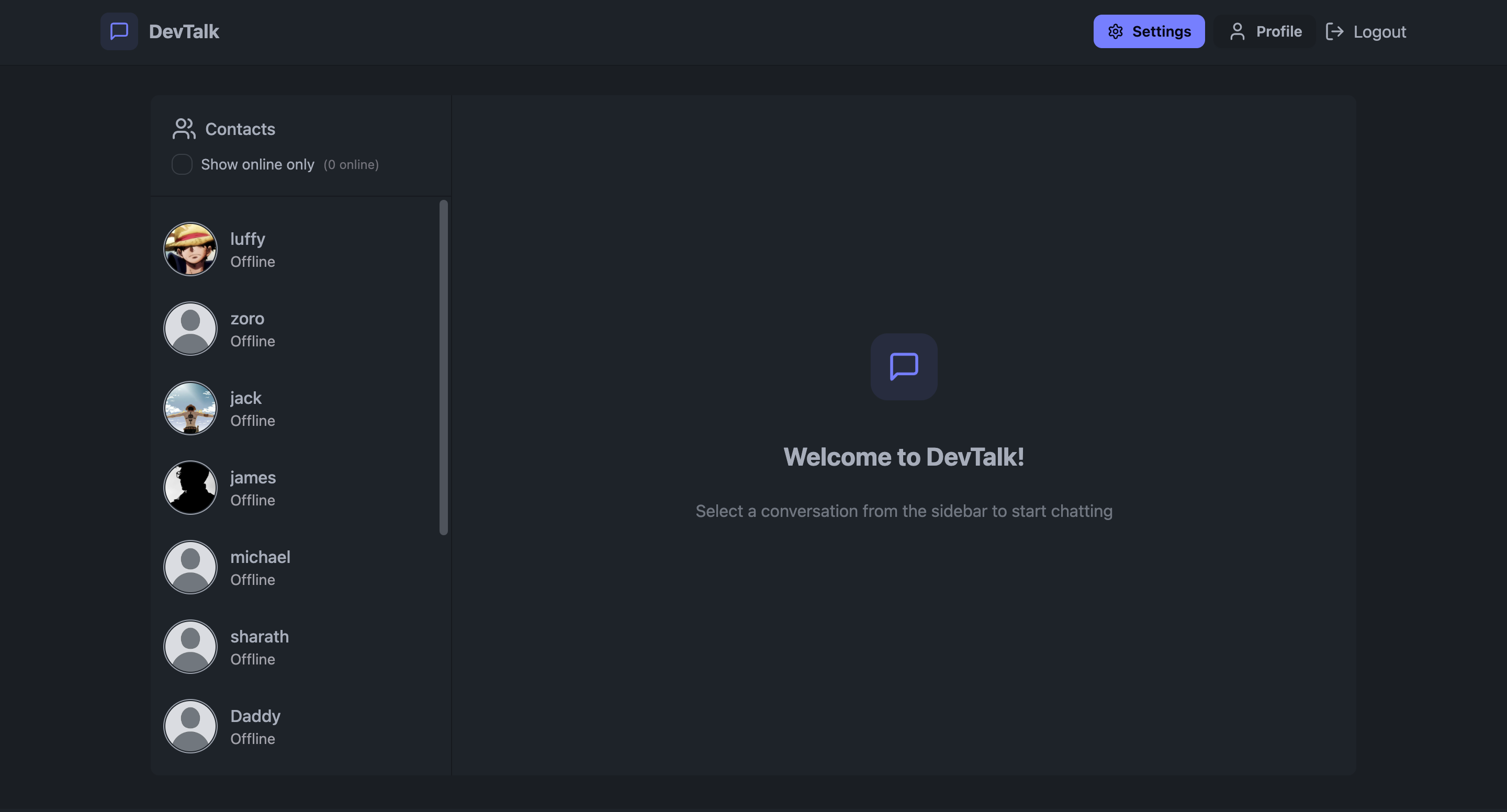 DevTalk real-time chat application with modern messaging interface